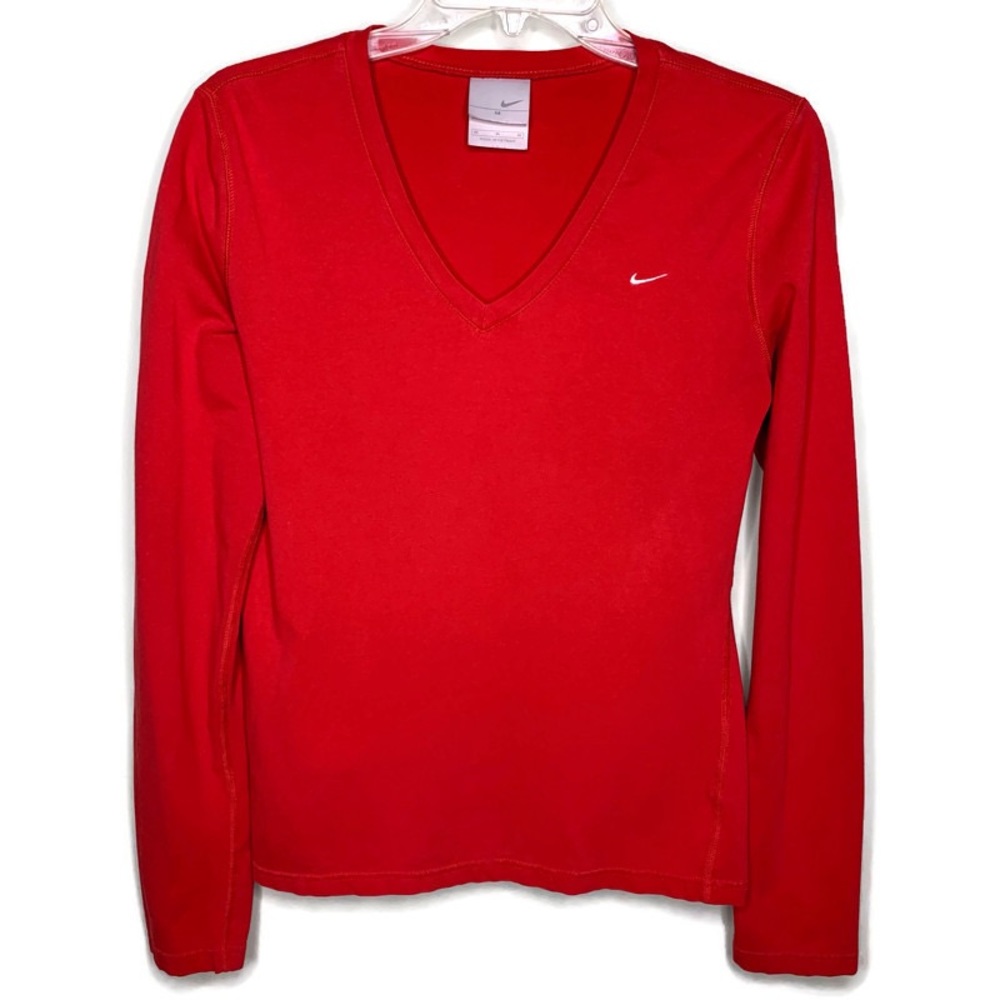 NIKE Long Sleeve V-Neck T-Shirt Red Medium